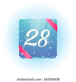 Winter calendar icon with date 28 vector illustration. Calendar with ribbon on ice and falling snow.