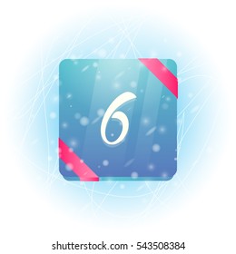 Winter calendar icon with date 6 vector illustration. Calendar with ribbon on ice and falling snow.