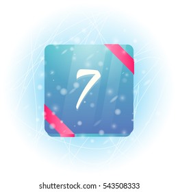 Winter calendar icon with date 7 vector illustration. Calendar with ribbon on ice and falling snow.
