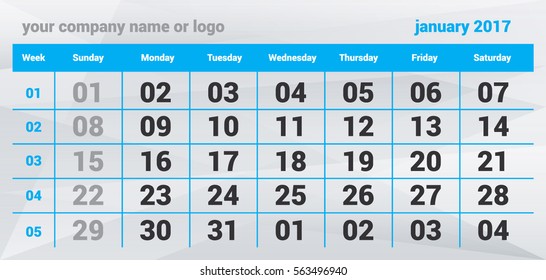 Winter calendar for January 2017. On the calendar displayed: year, month, day, week, a place for your company name or logo. Calendar is posted on polygonal background.