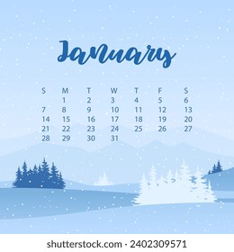 Winter Calendar January 2024. Winter snow background. Vector graphics