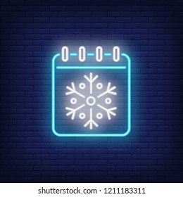 Winter calendar neon sign. Luminous signboard with winter month. Night bright advertisement. Vector illustration in neon style for time, december