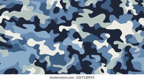 Winter Camo Background: Horizontal Banner, Seamless Pattern, Classic Clothing Style. Blue and White Texture. Vector Element.
