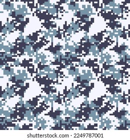 Winter camouflage seamless pattern. Blue white digital pixel tiles. Military textile concept. Modern camo uniform for the war in snow. Multicolor militaristic wallpaper vector flat illustration