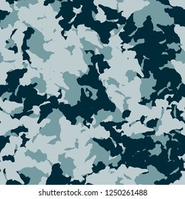 Winter camouflage of various shades of blue color. It is a colorful seamless pattern that can be used as a camo print for clothing and background and backdrop or computer wallpaper