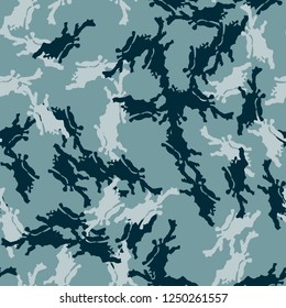 Winter camouflage of various shades of blue color. It is a colorful seamless pattern that can be used as a camo print for clothing and background and backdrop or computer wallpaper