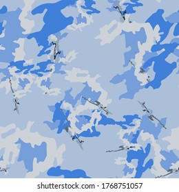 Winter camouflage of various shades of blue and white colors. It is a colorful seamless pattern that can be used as a camo print for clothing and background and backdrop or computer wallpaper