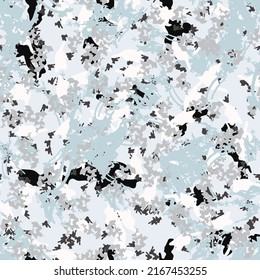 Winter camouflage of various shades of blue, black and grey colors. It is a colorful seamless pattern that can be used as a camo print for clothing and background and backdrop or computer wallpaper