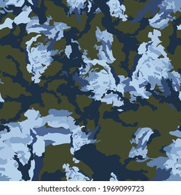 Winter camouflage of various shades of green and blue colors. It is a colorful seamless pattern that can be used as a camo print for clothing and background and backdrop or computer wallpaper