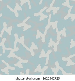 Winter camouflage of various shades of grey, blue and white colors. It is a colorful seamless pattern that can be used as a camo print for clothing and background and backdrop or computer wallpaper