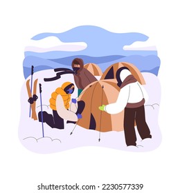 Winter camp. Campers setting tent in snow at mountain campsite. People after hiking with ski on wintertime holiday. Trekking in cold weather. Flat vector illustration isolated on white background