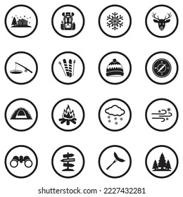 Winter Camp Icons. Black Flat Design In Circle. Vector Illustration.