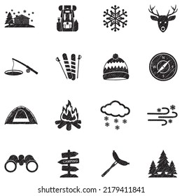 Winter Camp Icons. Black Scribble Design. Vector Illustration.