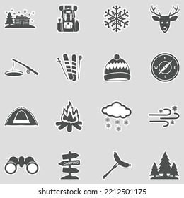 Iconos del campamento de invierno. Diseño de pegatinas. Ilustración vectorial.