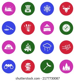 Winter Camp Icons. White Flat Collection In Circle. Vector Illustration.