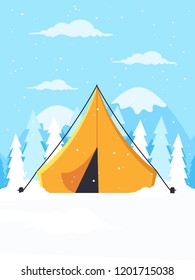 Winter Camp. Winter Landscape Background with Yellow Tent, Mountains and Pine Trees. Flat Design Style. 