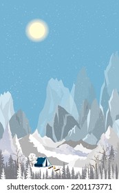 Winter camp. Vector Camping bonfire near tent on snowy nature scenic mountain forest pine tree landscape.Winter picnic recreation in forest. Seasonal outdoor adventure activity, eco tourism enjoyment