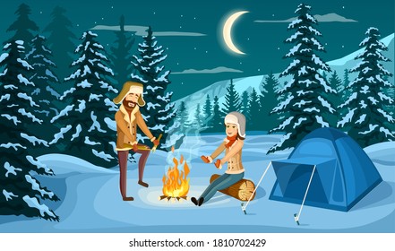 Winter Camp. Vector Family Couple Character Rest At Camp Bonfire Near Tent On Snowy Nature Landscape. Winter Picnic Recreation In Forest. Seasonal Outdoor Activity, Eco Tourism Enjoyment Illustration