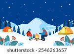 Winter Camping background vector illustration. Couples warming up by campfire