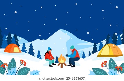 Ilustração de vetor de fundo Winter Camping. Casais se aquecendo na fogueira