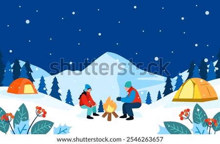 Winter Camping background vector illustration. Couples warming up by campfire