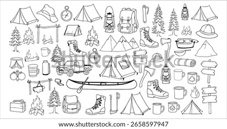 Winter Camping Doodle Vector Icons – Tent, Sled, and Snow Equipment Line Art