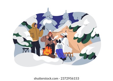 Camping de invierno en el bosque. La gente se calienta con té caliente en la fogata al aire libre. Amigos en llamas en la naturaleza, sentados en una carpa entre árboles en la nieve. Ilustración vectorial gráfica plana aislada en fondo blanco