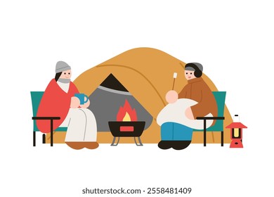 Winter camping illustration. Two people are sitting by the fire in front of a tent. Flat cartoon style vector clip art on white background.