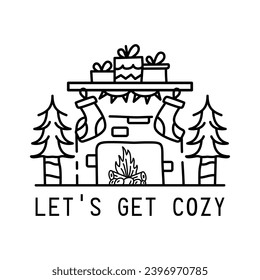 Diseño de logotipo de camping de invierno con chimenea y texto - nos ponemos cómodos. Insignia de aventura navideña al estilo de silueta de línea. Etiqueta de senderismo de montaña. Insignia monocromática vectorial de material.