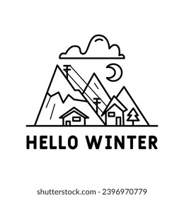 Winter Camping Logo design with mountains and ski resort. Christmas adventure badge in line silhouette style. Mountain hiking label. Stock vector monochrome insignia.