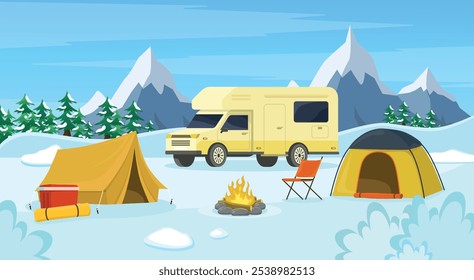 Wintercamping auf dem Hintergrund der Berge mit Auto, Wald, Zelten, Lagerfeuer und Stuhl.