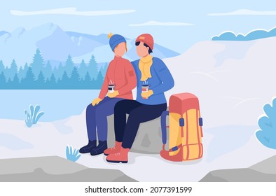 Winter camping rest flat color vector illustration. Wintry mountains and hills in snow. Stay warm in cold weather. Couple sitting and drinking tea 2D cartoon characters with frozen lake on background