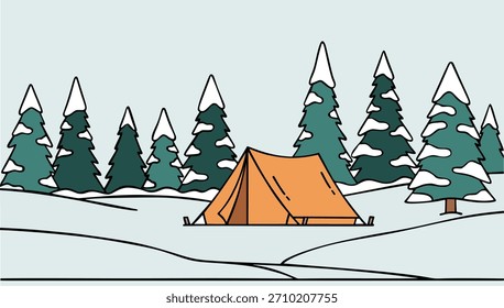 Winter Camping Tent in Snowy Pine Forest Landscape Vector