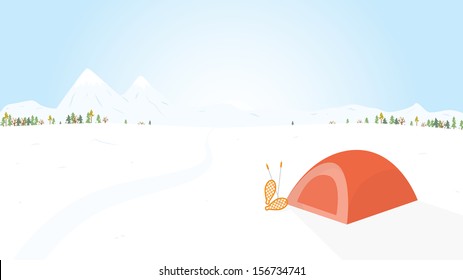 Winter camping wooden with tent. Vector illustration