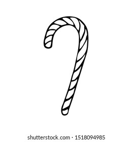 Winter candy cane. Hand drawing. Black outline on white background. Picture can be used in christmas and new year greeting cards, posters, flyers, banners, logo etc. Vector illustration. EPS10