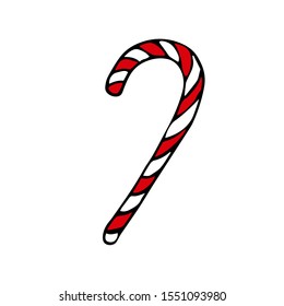 Winter candy cane. Hand drawing. Colorful outline on white background. Picture can be used in christmas and new year greeting cards, posters, flyers, banners, logo etc. Vector illustration. EPS10