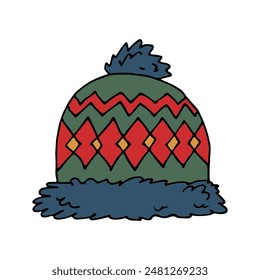 Winter cap doodle Hand drawn winter accessories Single design element for card, print, design, decor