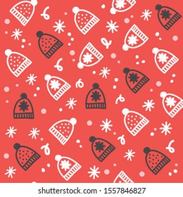 Winter cap hand drawn seamless vector pattern. Christmas sketch texture. Winter holiday nice illustration. New Year textile, wrapping paper, background design