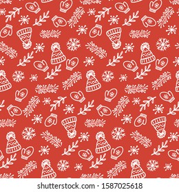 Winter cap hand drawn seamless vector pattern. Christmas sketch texture. Winter holiday nice illustration. New Year textile, wrapping paper, background design