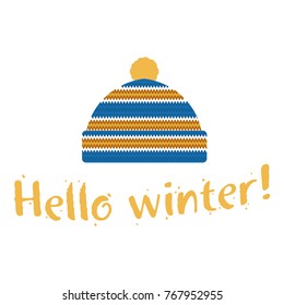 Winter cap illustrations in soft vintage colors. Mittens logo templates with the image of mountains and pine. Vector illustrations isolated on white background.