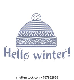 Winter cap illustrations in soft vintage colors. Mittens logo templates with the image of mountains and pine. Vector illustrations isolated on white background.