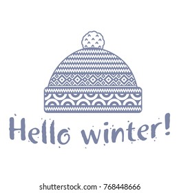 Winter cap illustrations in soft vintage colors. Mittens logo templates with the image of mountains and pine. Vector illustrations isolated on white background.