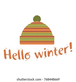 Winter cap illustrations in soft vintage colors. Mittens logo templates with the image of mountains and pine. Vector illustrations isolated on white background.