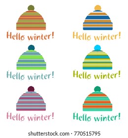 Winter cap illustrations in soft vintage colors. Mittens logo templates with the image of mountains and pine. Vector illustrations isolated on white background.