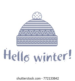 Winter cap illustrations in soft vintage colors. Mittens logo templates with the image of mountains and pine. Vector illustrations isolated on white background.