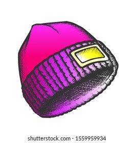Winter Cap Seasonal Warmer Wear Color Vector. Knit Cap Clothing Accessory For Man Safe Health. Beanie Engraving Concept Template Hand Drawn In Vintage Style Color Illustration