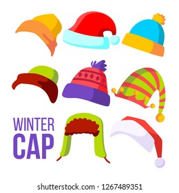 Winter Cap Set Vector. Cold Weather Headwear. Hats, Caps. Apparel Clothes For Autumn. Isolated Cartoon Illustration