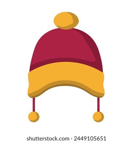 Winter cap vector image, knitted beanie hat, red yellow color on white background