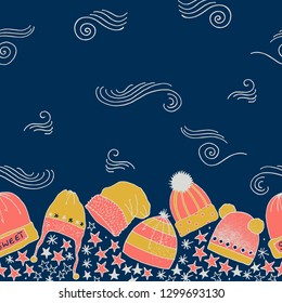 Winter Caps Horizontal Seamless Vector Border