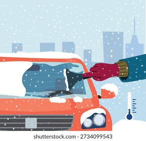 Limpieza Del Parabrisas Del Coche de Invierno, Conductor Raspando El Hielo Del Vehículo en El Clima Nevado. Ilustración de estilo plano de dibujos animados de Vector